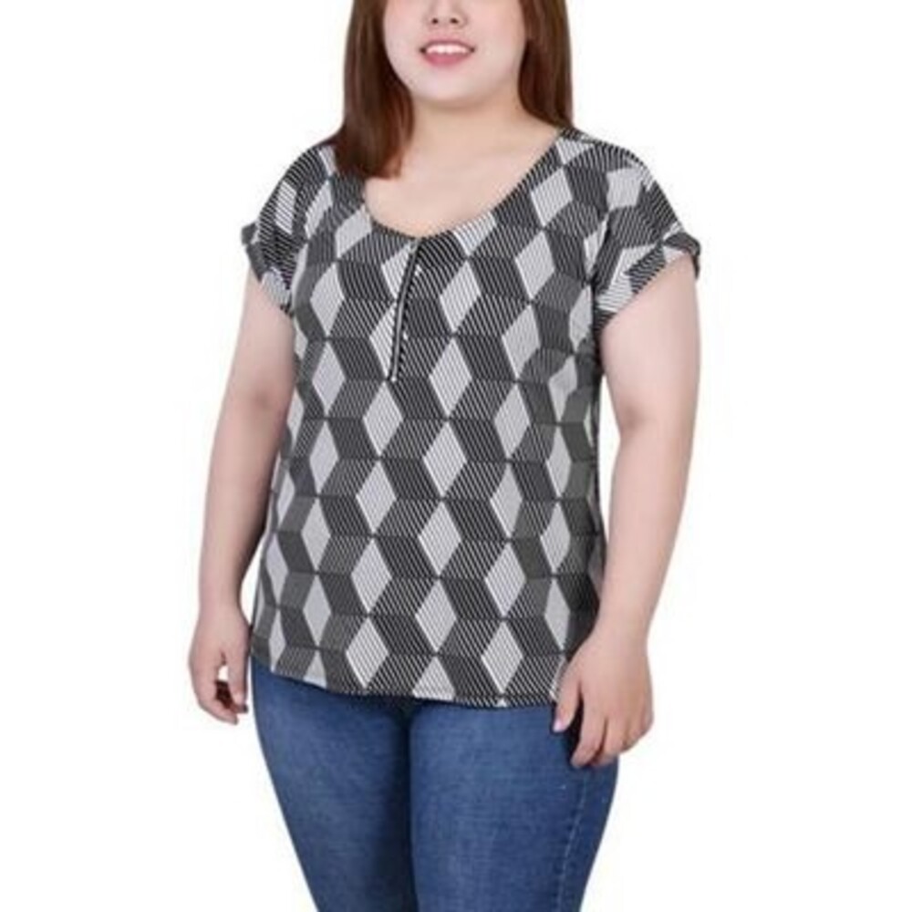 NY Collection Plus Size Short Extended Sleeve Zip Top Women's 1X Black/White